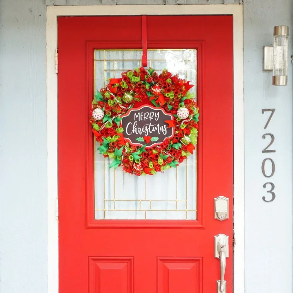 Classic Red, White and Green Merry Christmas Deco Mesh Wreath